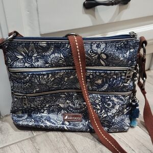 Sakroots Blue and Brown Crossbody Bag with Floral Design